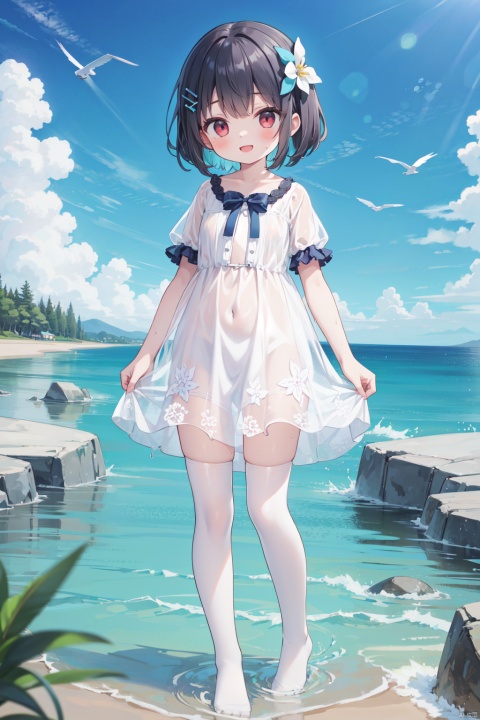  best quality,masterpiece,source_anime,best quality,masterpiece,(ultra-detailed:1.1),(high detailed skin),(full body),
1girl, solo, looking at viewer, blush, smile, short hair, open mouth, standing, short sleeves, outdoors, sky,no shoes, day, cloud, water,blue sky, wet, see-through, wet clothes, wading,splashing,
hair ornament, pantyhose, red eyes, flower,multicolored hair,(beautiful_face),((intricate detail)),clear face,((finely detailed)),fine fabric emphasis,((glossy)),full_shot,loli,round face,from low,foot focus,