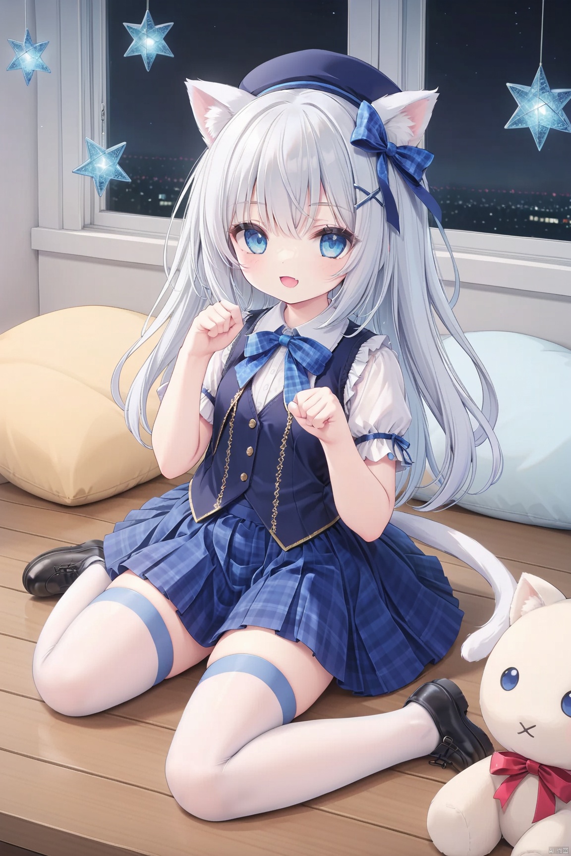 1girl, blue eyes, wariza, sitting, tail, hair ornament, socks, solo, looking at viewer, white hair, cat tail, open mouth, skirt, hat, shirt, plaid, tail ornament, animal ears, window, indoors, white shirt, cat ears, paw pose, shoes, bangs, black footwear, short sleeves, fang, vest, bow, between legs, stuffed toy, grey socks, string of flags, blue bow, blue headwear, hairclip, stuffed cat, x hair ornament, black socks, smile, hand between legs, stuffed animal, jewelry, kneehighs, hand up, star \(symbol\), blue skirt, cat, plaid, argyle legwear, argyle