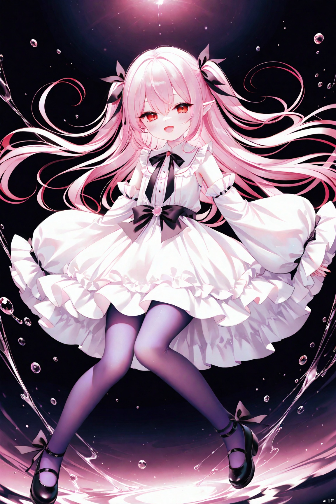 [iumu],[Sheya],[Artist chen bin],1girl, solo, long hair, looking at viewer, blush, smile, open mouth, bangs, red eyes, long sleeves, dress, bow, ribbon, hair between eyes, very long hair, hair ribbon, pink hair, :d, pantyhose, frills, detached sleeves, shoes, sleeveless, pointy ears, puffy sleeves, virtual youtuber, wide sleeves, black footwear, white dress, two side up, sleeves past wrists, black ribbon, sleeveless dress, puffy long sleeves, white sleeves, purple pantyhose,loli