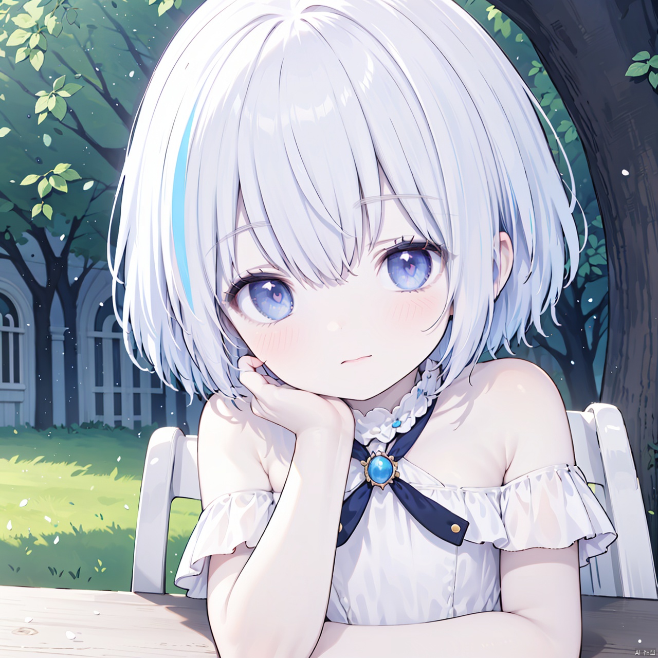  1girl,loli,solo,focus on face,white hair,gray eyes,white off-shoulder lace dress,white Pantyhose,purple ribbon,lying in under tree, ahoge,conservatory, see-through loose dress,frilled neck ring,body blush,fine fabric emphasis,blush,thick eyelashes,swept bangs,hair flaps,eyes visible through hair,hair ornament,Lush flowers,ray tracing,dappled sunlight,chiaroscuro,Brilliant Colorful Paintings,glass tint,frilled wrist ribbon,extreme close up of face, loli, TB,(little_girl:1.2),(petite:1.1),bright_pupils,blue eyes,short hair,gothic_lolita,dress