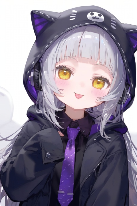 1girl, solo, long hair, looking at viewer, blush, smile, bangs, shirt, long sleeves, jacket, yellow eyes, upper body, grey hair, open clothes, necktie, tongue, collared shirt, hood, tongue out, blunt bangs, sleeves past wrists, black shirt, headphones, :p, hood up, animal hood, purple necktie, murasaki shion,loli, tinkle,dynamic pose,dynamic angle ,