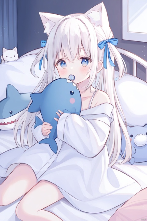  masterpiece, bestquality,1girl, solo, long hair, looking at viewer, blush, bangs, blue eyes, long sleeves, animal ears, hair between eyes, indoors, cat ears, sleeves past wrists, pillow, bed sheet, stuffed toy, stuffed animal, on stomach,under covers, stuffed cat, stuffed shark,Covering the quilt,Soothing pacifier,white hair, ribbon, bare shoulders, white shirt, oversized clothes,