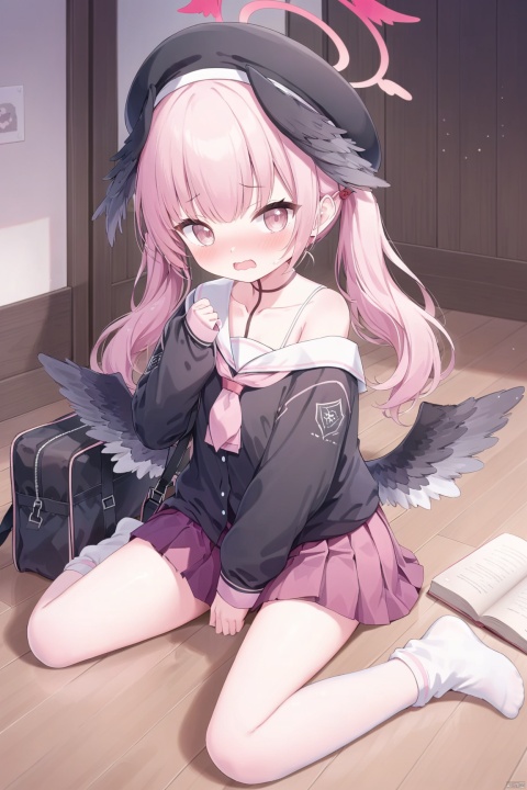  1girl, solo, long hair, looking at viewer, blush, open mouth, bangs, skirt, shirt, long sleeves, hat, holding, twintails, sitting, school uniform, pink hair, pleated skirt, wings,no shoes, socks, miniskirt, pink eyes, sailor collar, off shoulder, bag,black shirt, black headwear, beret, halo, wariza, head wings, feathered wings, pink skirt, black wings, white sailor collar, wooden floor, low wings, loose socks, winged hat, koharu \(blue archive\),embarrassed, blush, open mouth, wavy mouth,Reading a book,Holdingabook,下江小春, loli