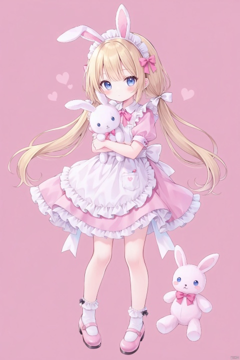 1girl, solo, long hair, looking at viewer, blush, bangs, blue eyes, blonde hair, simple background, dress, bow, holding, animal ears, twintails, closed mouth, standing, full body, short sleeves, hair bow, heart, frills, shoes, socks, puffy sleeves, rabbit ears, apron, puffy short sleeves, maid, maid headdress, low twintails, blush stickers, stuffed toy, pink background, frilled dress, stuffed animal, white socks, pink bow, pink dress, white apron, mary janes, maid apron, frilled apron, object hug, pink footwear, stuffed bunny, bobby socks, holding stuffed toy, frilled socks, loli