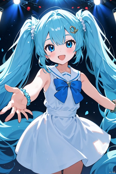 1girl, solo, long hair, blush, smile, open mouth, blue eyes, dress, twintails, jewelry, very long hair, blue hair, :d, sleeveless, sailor collar, white dress, bracelet, aqua hair, sleeveless dress, scrunchie, outstretched arm, stage, hatsune miku,idol,stage,idol clothes