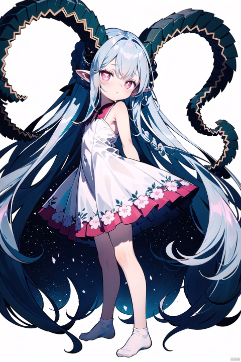  1girl, solo, long hair, breasts, looking at viewer, blush, bangs, skirt, shirt, red eyes, dress, ribbon, bare shoulders, very long hair, closed mouth, standing, full body, white shirt, white hair, socks, pink eyes, white dress, from side, arms behind back, noshoes, white socks, ribbon trim,curled_horns,symbol-shaped_pupils,small_breasts,solo,looking_at_viewer,Pink eyes,braid,+_+,pointy ears, round face,(petite child:1.2),tiamat_(fate), loli, 