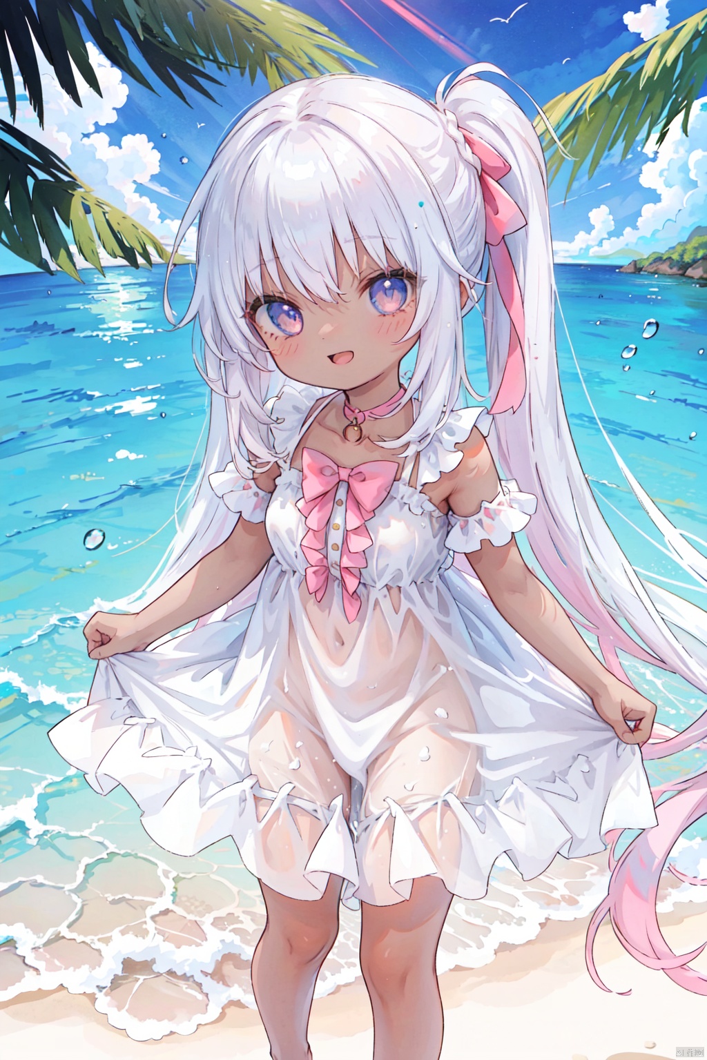  1girl, white hair, masterpiece, swimsuit, bikini, side-tie_bikini_bottom, pink_hair, beach, day, breasts, outdoors, dark_skin, ocean, long_hair, small_breasts, blush, dark skinned female, polka dot, cloud, standing, water, polka dot bikini, red_bikini, sky, smile, laugh, happy, Laugh heartily, ;d, loli, ponytail, bow, clothes_lift, rock, barefoot, hair_bow, shiny, shiny_skin, dark skin, SILVER HAIR, illyasviel von einzbern ubw, sundresss,,(petite child:1.2), see-through dress, see-through silhouette,wet,