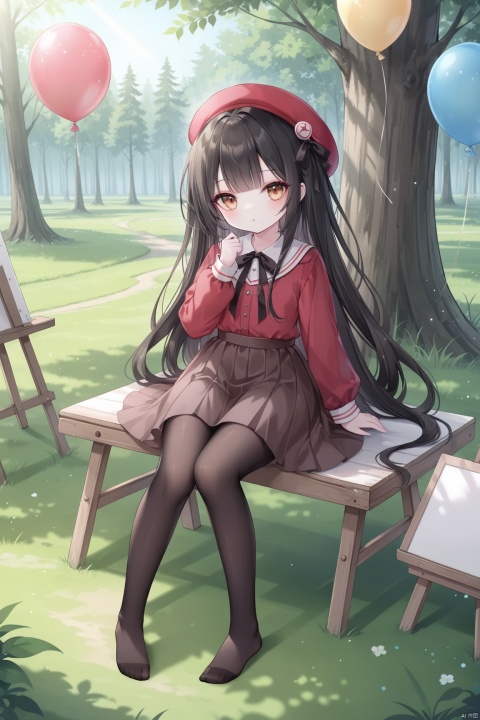 loli,1girl, solo, long hair, bangs, skirt, black hair, long sleeves, hat, dress, sitting, very long hair, pantyhose, outdoors, no shoes, day, tree, black pantyhose, beret, sunlight, grass, nature, scenery, red headwear, forest, brown skirt, balloon,easel,[iumu],[Sheya],[Artist chen bin], masterpiece,best quality,high quality, loli