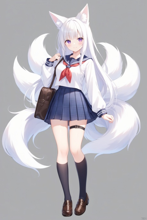 ,1girl, solo, long hair, breasts, looking at viewer, blush, smile, bangs, skirt, shirt, long sleeves, holding, animal ears, very long hair, closed mouth, school uniform, standing, purple eyes, tail, full body, white shirt, white hair, pleated skirt, shoes, serafuku, socks, sailor collar, blue skirt, neckerchief, animal ear fluff, plaid, kneehighs, fox ears, thigh strap, fox tail, plaid skirt, brown footwear, fox girl, black socks, loafers, multiple tails, kitsune, kyuubi