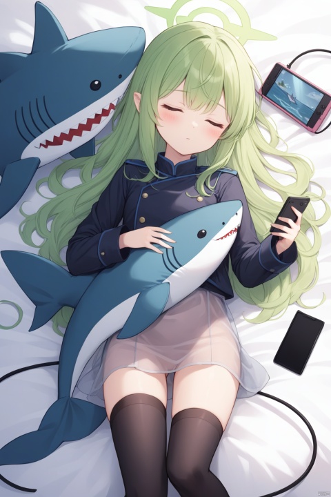 1girl, solo, thighhighs, long sleeves, lying, black thighhighs, green hair, bottomless, on side, phone, stuffed toy, sleeping, stuffed animal, cellphone, object hug, handheld game console, stuffed shark,see-through,halo, demon tail,highlander
