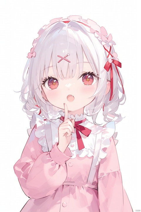 1girl, solo, looking at viewer, blush, short hair, open mouth, bangs, hair ornament, red eyes, long sleeves, ribbon, upper body, white hair, hairband, frills, virtual youtuber, drill hair, hair intakes, x hair ornament, index finger raised,loli,,loli