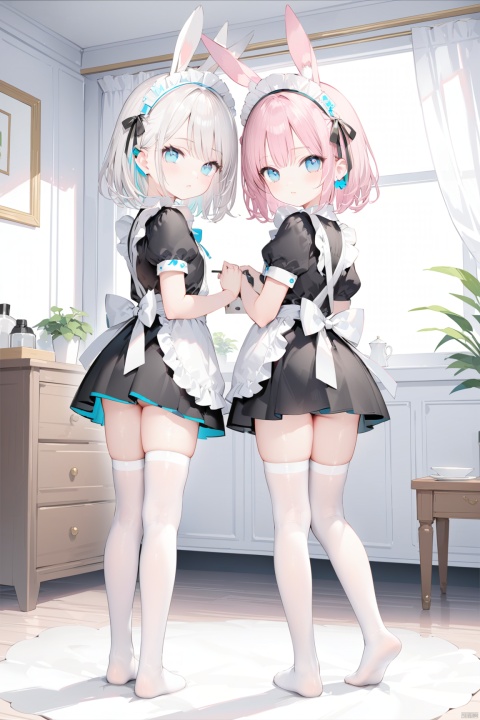 looking at viewer, short hair, bangs, blue eyes, multiple girls, thighhighs, dress, 2girls, animal ears,  standing, full body, pink hair, ass, white hair, short sleeves, puffy sleeves, looking back, indoors, from behind, rabbit ears, apron, black dress, feet, puffy short sleeves, maid, maid headdress, no shoes, soles, bob cut, white apron, maid apron,masterpiece,best quality,high quality,(colorful),loli,