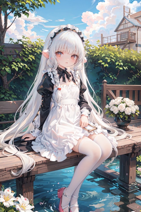  1girl,long_hair,braid,dress,frills,twin_braids,thighhighs,blue_dress,very_long_hair,apron,frilled_dress,looking_at_viewer,long_sleeves,lolita_fashion,hairband,orange_eyes,maid,ribbon,white_hair,flat_color,no_shoes,bangs,puffy_sleeves,breasts,juliet_sleeves,petticoat,chobits chi,chobits eyes,chobits hair tubes,flowers,garden,masterpiece,best quality, ray tracing,loli, , loli