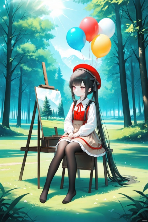 1girl, solo, long hair, bangs, skirt, black hair, long sleeves, hat, dress, sitting, very long hair, pantyhose, outdoors, no shoes, day, tree, black pantyhose, beret, sunlight, grass, nature, scenery, red headwear, forest, brown skirt, balloon,easel,[iumu],[Sheya],[Artist chen bin], masterpiece,best quality,high quality, loli