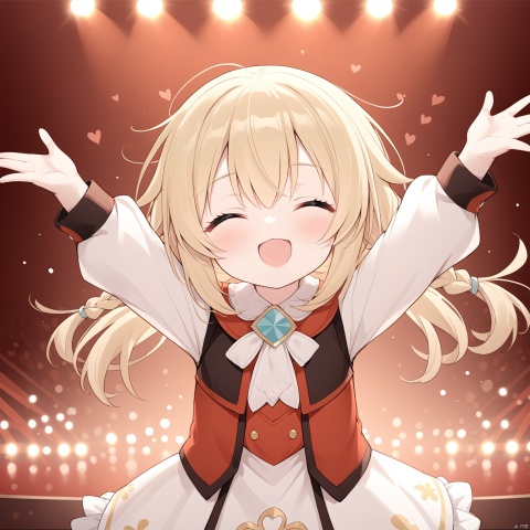 masterpiece,best quality,high quality,loli,1girl, solo, long hair, smile, blonde hair, closed eyes, braid, virtual youtuber, twin braids, outstretched arms, letterboxed,：3,imminent kiss,heavy breathing, in heat,idol,stage,idol clothes,keli,(\ke li\)