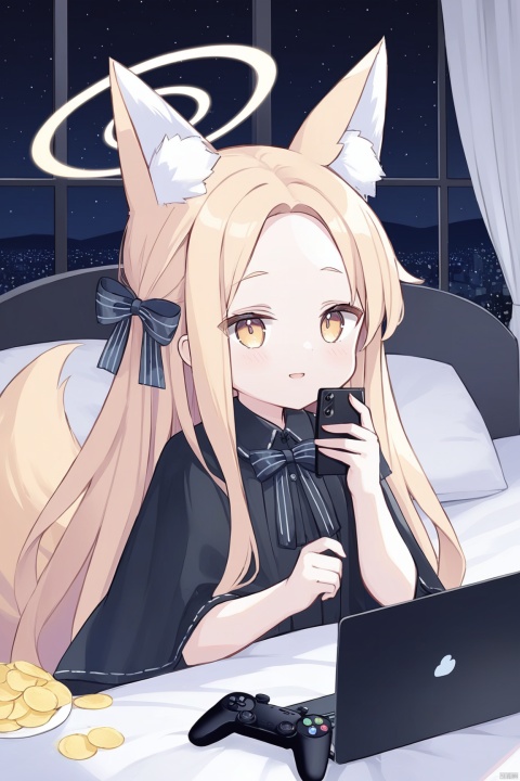 seia (blue archive),1girl,solo,face close-up,alternate costume,animal ear fluff,naked poncho,loose,naked capelet,sideboob,bed,light smile,bare shoulder,hair ribbon,blonde hair,  yellow eyes, animal ear fluff, parted bangs, fox ears,  forehead, shirt,halo,laptop,gamepad,phone,chips,food,curtains,window,bow,Black Theme,night, best quality, amazing quality, very aesthetic, absurdres,seiaBA, loli