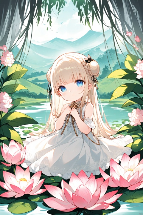 {( with blue eyes, long pale gold hair braided into a flying bun and exquisite hair accessories,long hair),

(Clear facial features, charming eyes, beautiful double eyelids, delicate nose, small mouth, pink lips, baby-like cheeks,loli),

(beautiful, perfect, exquisite),

(There are beautiful flowers, plants and birds in the misty valley, magnificent and historical),

(Wearing exquisite cassocks, bracelets, anklets and elegant ribbons, barefoot, dreamy and elegant,see through dress,white cloth,wet clothes,wet),

((Eyes slightly open, hands pinching in front of chest, sitting cross-legged on a lotus, photo: 1.3, RAW file format, master-level illustration work, 32k ultra-high-definition wallpaper, best CG. Gorgeous Sense. Dynamic sense. Vivid sense)): 1.4, 