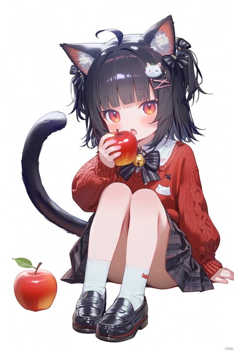1girl, solo, looking at viewer, blush, short hair, open mouth, bangs, skirt, shirt, black hair, hair ornament, red eyes, long sleeves, white background, bow, holding, animal ears, sitting, tail, full body, ahoge, hair bow, pleated skirt, food, shoes, socks, puffy sleeves, cat ears, black skirt, black footwear, sweater, two side up, cat tail, animal ear fluff, plaid, bell, black bow, fruit, plaid skirt, holding food, cat girl, white socks, loafers, red shirt, jingle bell, puffy long sleeves, apple, holding fruit, red sweater