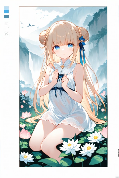 {( with blue eyes, long pale gold hair braided into a flying bun and exquisite hair accessories,long hair),

(Clear facial features, charming eyes, beautiful double eyelids, delicate nose, small mouth, pink lips, baby-like cheeks,loli),

(beautiful, perfect, exquisite),

(There are beautiful flowers, plants and birds in the misty valley, magnificent and historical),

(Wearing exquisite cassocks, bracelets, anklets and elegant ribbons, barefoot, dreamy and elegant,see through dress,white cloth,wet clothes,wet),

((Eyes slightly open, hands pinching in front of chest, sitting cross-legged on a lotus, photo: 1.3, RAW file format, master-level illustration work, 32k ultra-high-definition wallpaper, best CG. Gorgeous Sense. Dynamic sense. Vivid sense)): 1.4, 