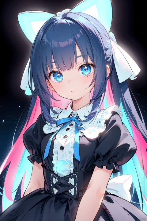  1girl, solo, long hair, breasts, looking at viewer, bangs, blue eyes, black hair, dress, bow, ribbon, holding, very long hair, closed mouth, green eyes, blue hair, upper body, pink hair, hair bow, multicolored hair, puffy sleeves,blunt bangs, black dress, two-tone hair, neck ribbon, night, glowing, blue bow, blue ribbon, bright pupils, colored inner hair, ray tracing