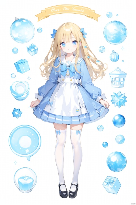  solo,1girl,thighhighs,blonde_hair,long_hair,blue_eyes,mary_janes,shoes,dress,white_thighhighs,sailor_dress,full_body,standing,bow,zettai_ryouiki,smile
