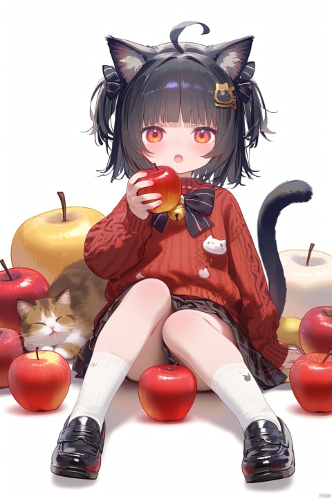 1girl, solo, looking at viewer, blush, short hair, open mouth, bangs, skirt, shirt, black hair, hair ornament, red eyes, long sleeves, white background, bow, holding, animal ears, sitting, tail, full body, ahoge, hair bow, pleated skirt, food, shoes, socks, puffy sleeves, cat ears, black skirt, black footwear, sweater, two side up, cat tail, animal ear fluff, plaid, bell, black bow, fruit, plaid skirt, holding food, cat girl, white socks, loafers, red shirt, jingle bell, puffy long sleeves, apple, holding fruit, red sweater,loli