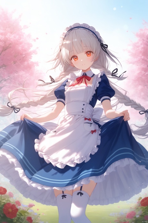  1girl,long_hair,braid,dress,frills,twin_braids,thighhighs,blue_dress,very_long_hair,apron,frilled_dress,looking_at_viewer,long_sleeves,lolita_fashion,hairband,orange_eyes,maid,ribbon,white_hair,flat_color,no_shoes,bangs,puffy_sleeves,breasts,juliet_sleeves,petticoat,chobits chi,chobits eyes,chobits hair tubes,flowers,garden,masterpiece,best quality, ray tracing,loli, 