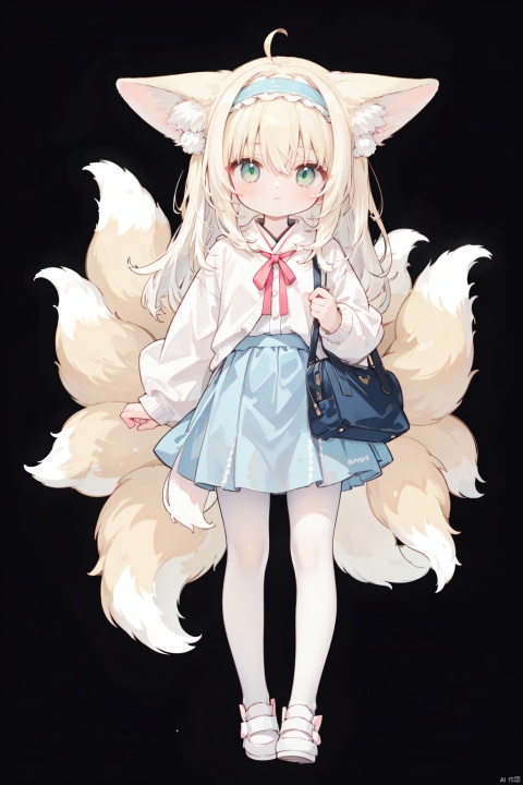 1girl, solo, long hair, looking at viewer, blush, bangs, skirt, blonde hair, simple background, shirt, long sleeves, white background, holding, animal ears, hair between eyes, closed mouth, green eyes, standing, tail, full body, ahoge, white hair, pantyhose, multicolored hair, hairband, shoes, alternate costume, two side up, animal ear fluff, fox ears, fox tail, aged down, blue shirt, fox girl, multiple tails, child, pink skirt, white pantyhose, blue footwear, Whiteboard, female child, blue hairband, kitsune, kindergarten uniform, kyuubi, holding Whiteboard, loli, , 1girl