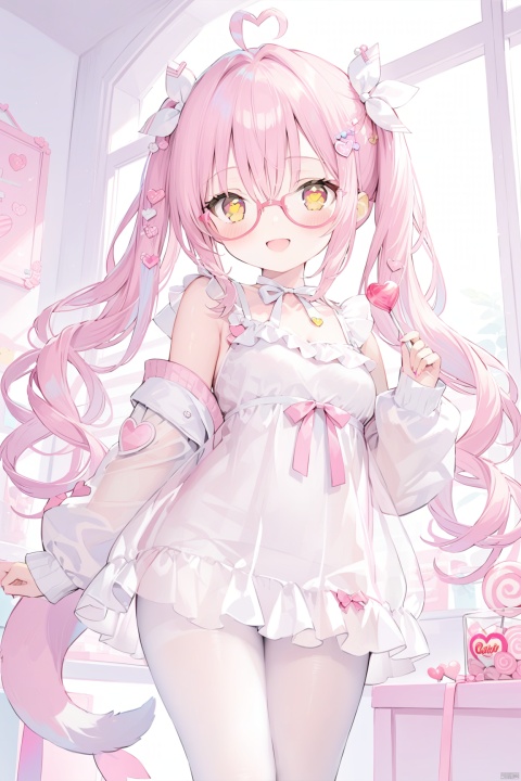 see-through,long hair, breasts, looking at viewer, blush, smile, open mouth, bangs, hair ornament, long sleeves, dress, holding, 1girl, hair between eyes, bare shoulders, twintails, very long hair, jacket, yellow eyes, pink hair, ahoge, :d, heart, detached sleeves, glasses, hairclip, looking back, indoors, hood, white dress,  sleeves past wrists, symbol-shaped pupils, heart-shaped pupils,  candy,  lollipop, heart ahoge, pink-framed eyewear,standing, tail, heart, white pantyhose, thighs, no shoes, 