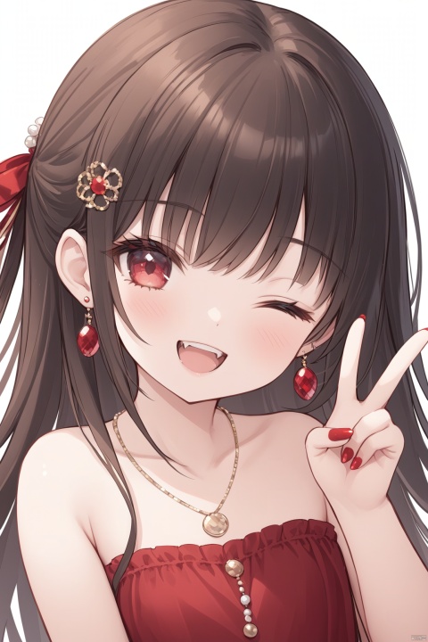  masterpiece,best quality,high quality,loli,1girl, solo, long hair, looking at viewer, smile, open mouth, bangs, brown hair, black hair, hair ornament, red eyes, bare shoulders, jewelry, collarbone, earrings, one eye closed, teeth, hairclip, hand up, necklace, nail polish, v, fangs, ;d, portrait, red nails