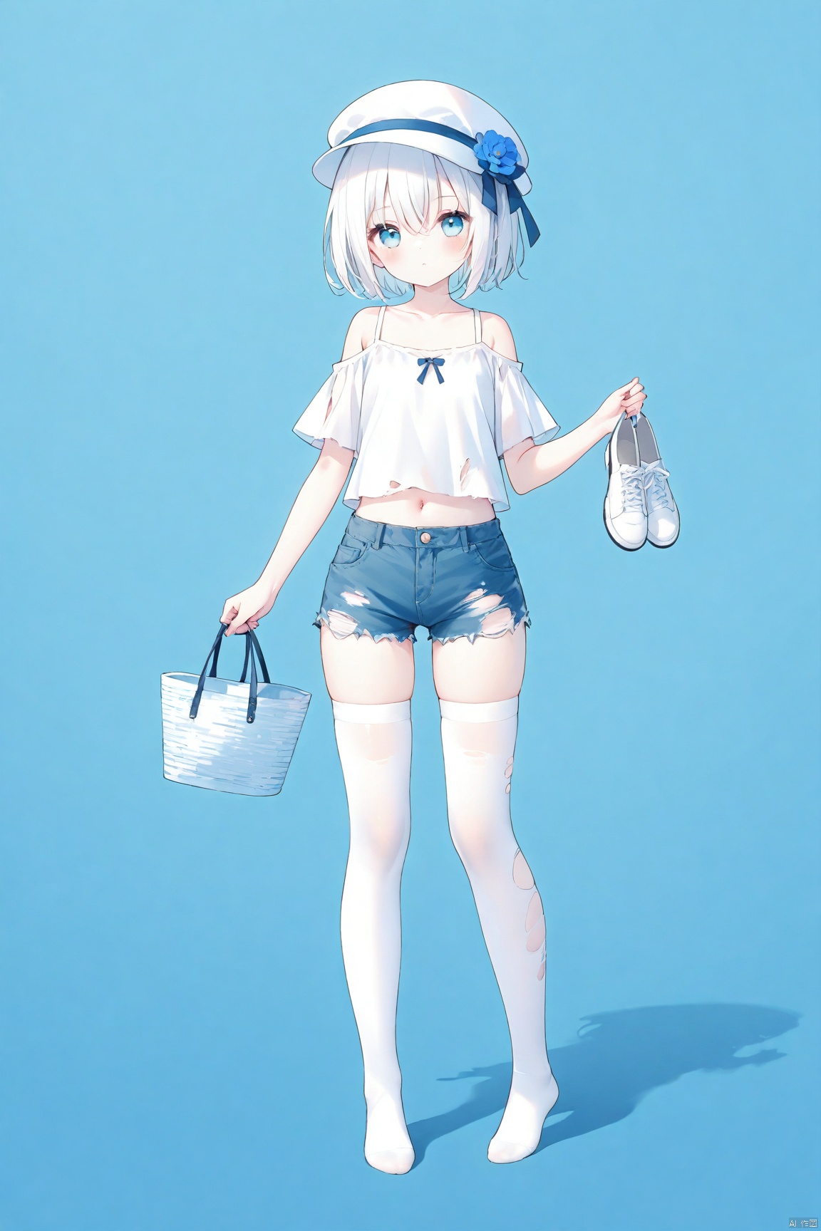 1girl, solo, looking at viewer, short hair, bangs, shirt, thighhighs, hat, navel, holding, hair between eyes, bare shoulders, closed mouth, standing, collarbone, full body, white shirt, flower, white hair, short sleeves, shoes, shorts, midriff, off shoulder, white thighhighs, torn clothes, short shorts, clothing cutout, white headwear, no shoes, denim, blue shorts, denim shorts, shoulder cutout, holding shoes
