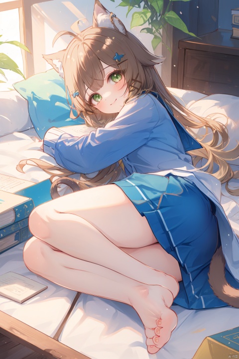  1girl, solo, long hair, looking at viewer, smile, blonde hair, brown hair, shirt, hair ornament, long sleeves, dress, animal ears, underwear, green eyes, panties, tail, full body, ass, ahoge, thighs, lying, barefoot, hairclip, white panties, arm up, feet, cat tail, animal ear fluff, legs, book, bare legs, toes, on side, soles, aged down, blue shirt, no pants, child, kindergarten uniform