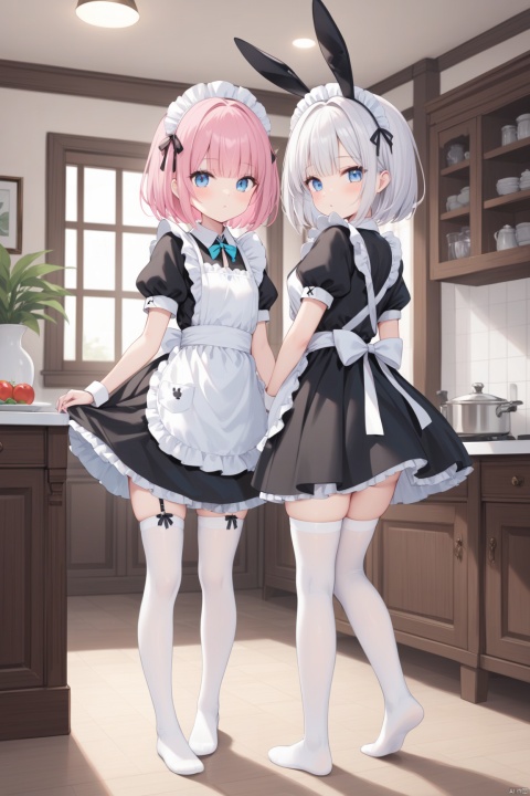  looking at viewer, short hair, bangs, blue eyes, multiple girls, thighhighs, dress, 2girls, animal ears, standing, full body, pink hair, ass, white hair, short sleeves, puffy sleeves, looking back, indoors, from behind, rabbit ears, apron, black dress, feet, puffy short sleeves, maid, maid headdress, no shoes, soles, bob cut, white apron, maid apron,masterpiece,best quality,high quality,(colorful),loli,
