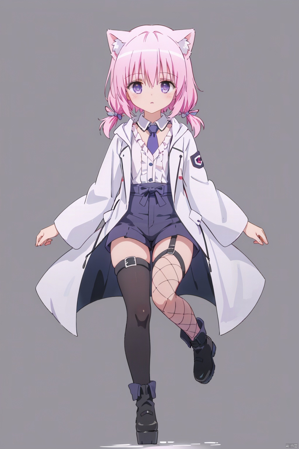  multiple_girls,animal_ears,2girls,cat_ears,black_hair,tail,cat_tail,twintails,cat_girl,skirt,thighhighs,pink_eyes,necktie,platform_footwear,jacket,white_background,shirt,long_hair,simple_background,white_shirt,black_footwear,purple_eyes,bangs,shorts,ribbon,fishnets,white_hair,boots,animal_ear_fluff,short_hair,black_shorts,pink_skirt,blunt_bangs,long_sleeves,bow,looking_at_viewer,pink_jacket,hair_ribbon,thigh_strap,frills, loli