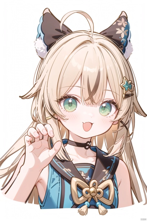  ((best quality)),((masterpiece)),((ultra-detailed)),(illustration),(detailed light),(an extremely delicate and beautiful),1girl, solo, long hair, looking at viewer, blush, smile, open mouth, bangs, blonde hair, brown hair, shirt, hair ornament, animal ears, green eyes, white shirt, ahoge, :d, multicolored hair, hairclip, fang, virtual youtuber, streaked hair, :3, claw pose,