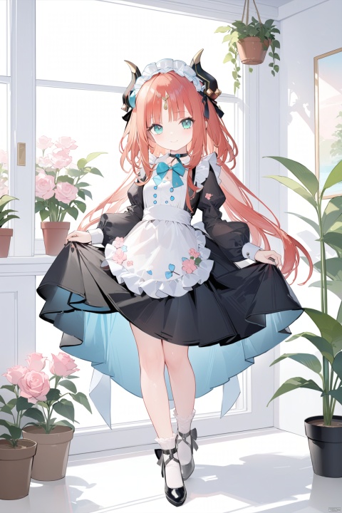 masterpiece,best quality,high quality, 1girl, solo, long hair, breasts, looking at viewer, smile, bangs, blue eyes, long sleeves, dress, bow, ribbon, medium breasts, very long hair, closed mouth, standing, full body, flower, red hair, frills, horns, alternate costume, choker, socks, puffy sleeves, black footwear, apron, black dress, high heels, aqua eyes, maid, maid headdress, black ribbon, black bow, rose, leg up, standing on one leg, frilled dress, plant, white socks, juliet sleeves, waist apron, white apron, pink flower, maid apron, puffy long sleeves, enmaided, skirt hold, potted plant, nilou \(genshin impact\),loli