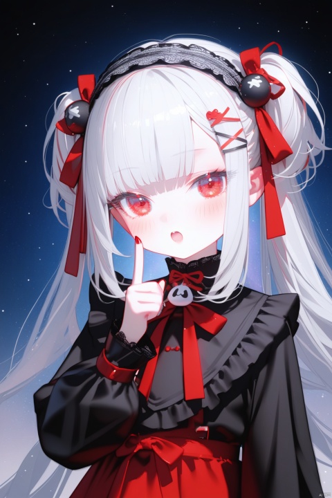 1girl, solo, looking at viewer, blush, short hair, open mouth, bangs, hair ornament, red eyes, long sleeves, ribbon, upper body, white hair, hairband, frills, virtual youtuber, drill hair, hair intakes, x hair ornament, index finger raised,loli, [iumu],[Sheya],[Artist chen bin],