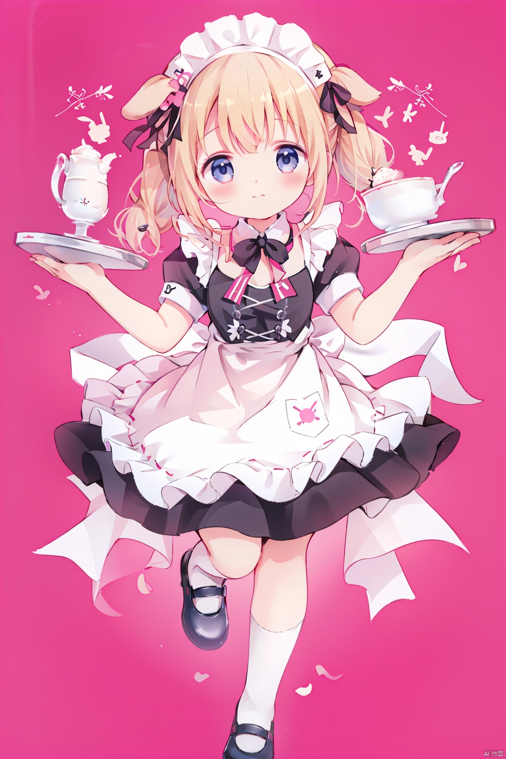 1girl, solo, long hair, looking at viewer, blush, bangs, blue eyes, blonde hair, simple background, dress, bow, holding, animal ears, twintails, closed mouth, standing, full body, short sleeves, hair bow, heart, frills, shoes, socks, puffy sleeves, rabbit ears, apron, puffy short sleeves, maid, maid headdress, low twintails, blush stickers, stuffed toy, pink background, frilled dress, stuffed animal, white socks, pink bow, pink dress, white apron, mary janes, maid apron, frilled apron, object hug, pink footwear, stuffed bunny, bobby socks, holding stuffed toy, frilled socks