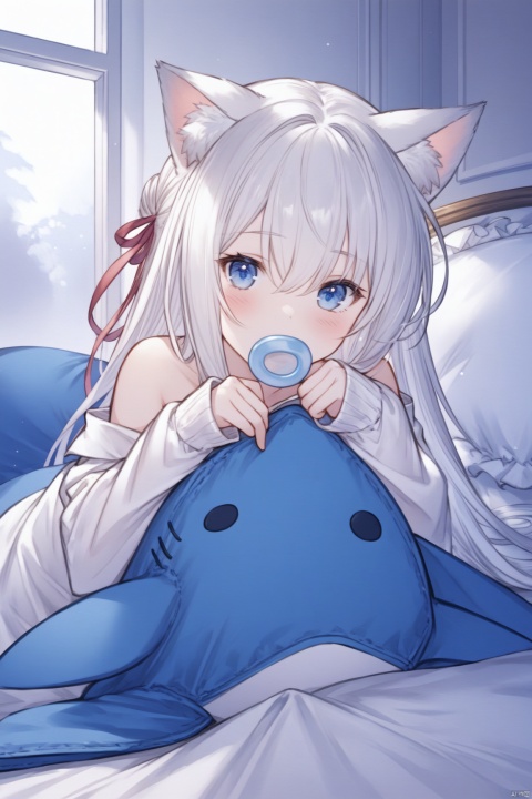  masterpiece, bestquality,1girl, solo, long hair, looking at viewer, blush, bangs, blue eyes, long sleeves, animal ears, hair between eyes, indoors, cat ears, sleeves past wrists, pillow, bed sheet, stuffed toy, stuffed animal, on stomach,under covers, stuffed cat, stuffed shark,Covering the quilt,Soothing pacifier,white hair, ribbon, bare shoulders, white shirt, oversized clothes,