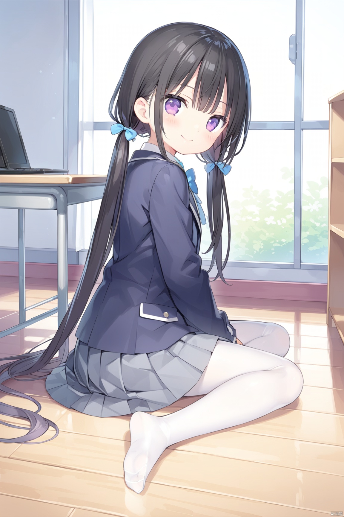  1girl, solo, long hair, looking at viewer, blush, smile, bangs, skirt, shirt, black hair, long sleeves, bow, twintails, sitting, very long hair, closed mouth, school uniform, purple eyes, jacket, full body, pantyhose, pleated skirt, indoors, bowtie, low twintails, blue bow, no shoes, table, blazer, grey skirt, white pantyhose, wooden floor, blue bowtie,shoulder,loli,looking back, from behind,Kantoku