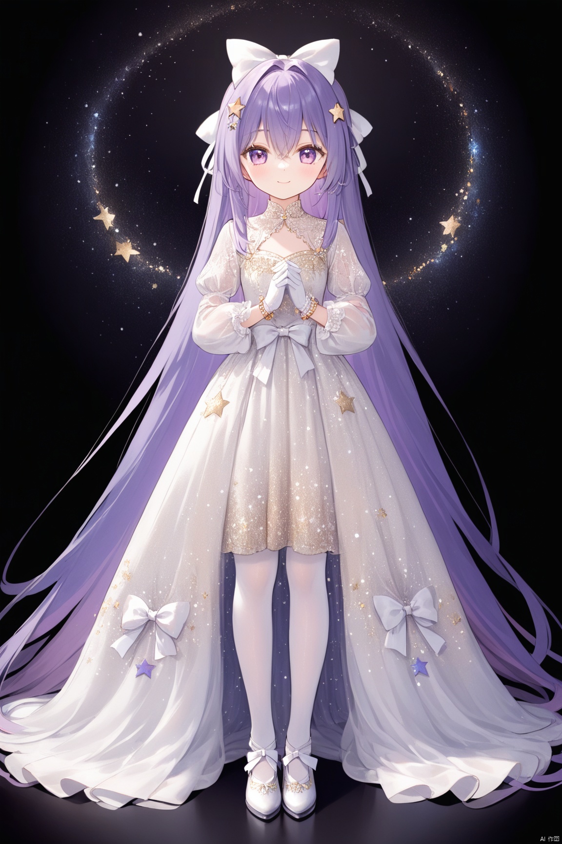 1girl, solo, long hair, looking at viewer, smile, bangs, hair ornament, gloves, long sleeves, dress, bow, ribbon, hair between eyes, jewelry, very long hair, closed mouth, blue hair, standing, purple eyes, hair ribbon, purple hair, hair bow, pantyhose, multicolored hair, puffy sleeves, virtual youtuber, white gloves, star \(symbol\), white dress, bracelet, gradient, gradient background, feet out of frame, hair intakes, white jacket, own hands together, white bow, letterboxed, star hair ornament, colored inner hair, starry sky print,loli,loli, Starry Sky Skirt