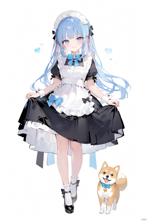  masterpiece,best quality,high quality,1girl, solo, long hair, breasts, looking at viewer, blush, smile, bangs, blue eyes, simple background, white background, dress, bow, ribbon, bare shoulders, very long hair, blue hair, standing, full body, hair ribbon, ponytail, short sleeves, heart, sidelocks, frills, shoes, alternate costume, socks, blunt bangs, black footwear, apron, black dress, wrist cuffs, maid, maid headdress, mole under eye, black bow, frilled dress, white socks, waist apron, white apron, mary janes, maid apron, dog, tress ribbon, enmaided, skirt hold, shiba inu, kamisato ayaka