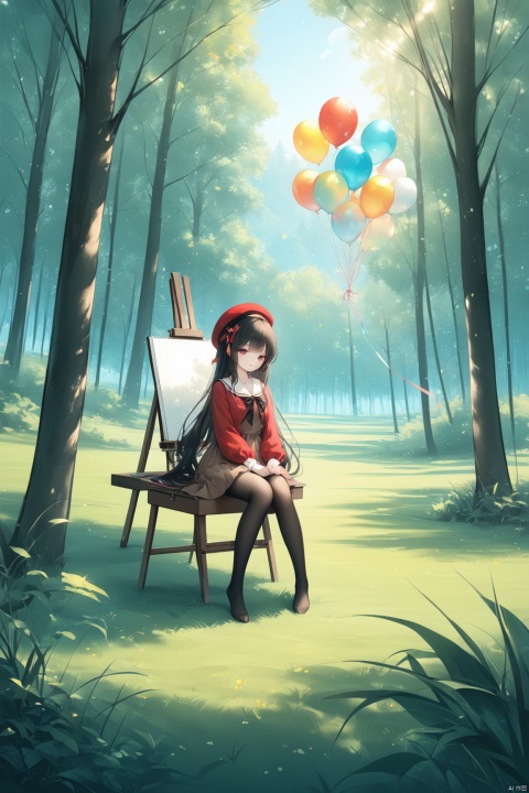  1girl, solo, long hair, bangs, skirt, black hair, long sleeves, hat, dress, sitting, very long hair, pantyhose, outdoors, no shoes, day, tree, black pantyhose, beret, sunlight, grass, nature, scenery, red headwear, forest, brown skirt, balloon,easel,[iumu],[Sheya],[Artist chen bin], masterpiece,best quality,high quality,
