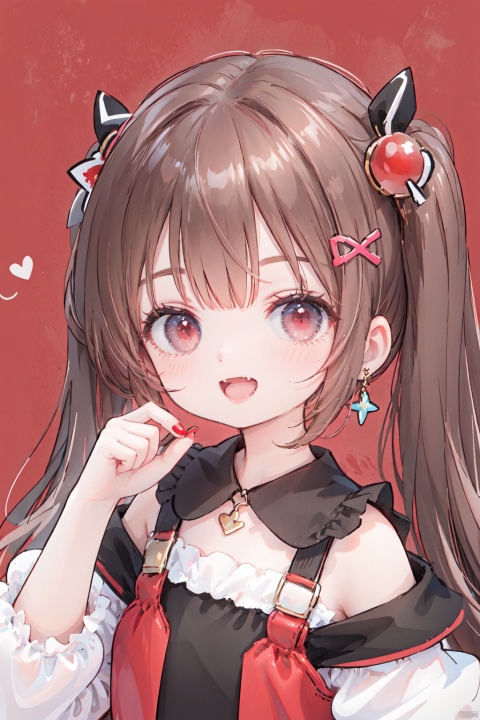  masterpiece,best quality,high quality,loli,1girl, solo, long hair, looking at viewer, smile, open mouth, bangs, brown hair, black hair, hair ornament, red eyes, bare shoulders, jewelry, collarbone, earrings, one eye closed, teeth, hairclip, hand up, necklace, nail polish, v, fangs, ;d, portrait, red nails, , cuteloli