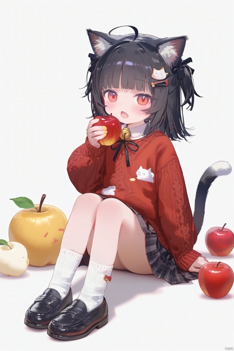 1girl, solo, looking at viewer, blush, short hair, open mouth, bangs, skirt, shirt, black hair, hair ornament, red eyes, long sleeves, white background, bow, holding, animal ears, sitting, tail, full body, ahoge, hair bow, pleated skirt, food, shoes, socks, puffy sleeves, cat ears, black skirt, black footwear, sweater, two side up, cat tail, animal ear fluff, plaid, bell, black bow, fruit, plaid skirt, holding food, cat girl, white socks, loafers, red shirt, jingle bell, puffy long sleeves, apple, holding fruit, red sweater,loli