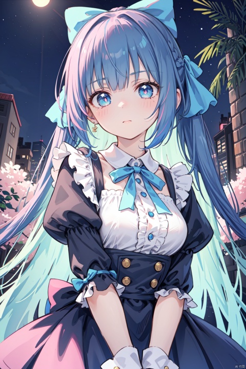  1girl, solo, long hair, breasts, looking at viewer, bangs, blue eyes, black hair, dress, bow, ribbon, holding, very long hair, closed mouth, green eyes, blue hair, upper body, pink hair, hair bow, multicolored hair, puffy sleeves,blunt bangs, black dress, two-tone hair, neck ribbon, night, glowing, blue bow, blue ribbon, bright pupils, colored inner hair,
