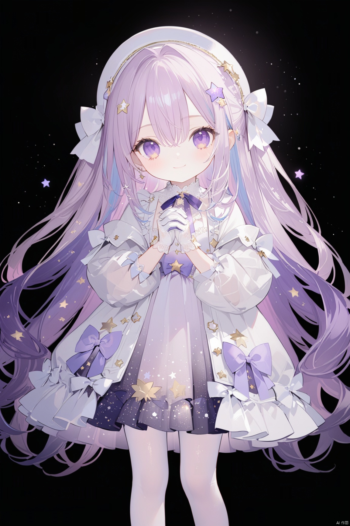 1girl, solo, long hair, looking at viewer, smile, bangs, hair ornament, gloves, long sleeves, dress, bow, ribbon, hair between eyes, jewelry, very long hair, closed mouth, blue hair, standing, purple eyes, hair ribbon, purple hair, hair bow, pantyhose, multicolored hair, puffy sleeves, virtual youtuber, white gloves, star \(symbol\), white dress, bracelet, gradient, gradient background, feet out of frame, hair intakes, white jacket, own hands together, white bow, letterboxed, star hair ornament, colored inner hair, starry sky print,loli,loli, Starry Sky Skirt