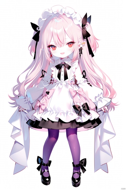 [iumu],[Sheya],[Artist chen bin],1girl, solo, long hair, looking at viewer, blush, smile, open mouth, bangs, red eyes, long sleeves, dress, bow, ribbon, hair between eyes, very long hair, hair ribbon, pink hair, :d, pantyhose, frills, detached sleeves, shoes, sleeveless, pointy ears, puffy sleeves, virtual youtuber, wide sleeves, black footwear, white dress, two side up, sleeves past wrists, black ribbon, sleeveless dress, puffy long sleeves, white sleeves, purple pantyhose,loli