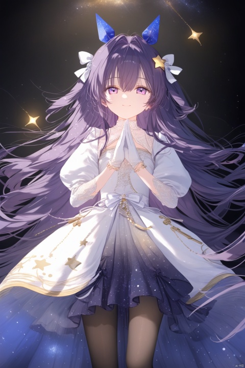 1girl, solo, long hair, looking at viewer, smile, bangs, hair ornament, gloves, long sleeves, dress, bow, ribbon, hair between eyes, jewelry, very long hair, closed mouth, blue hair, standing, purple eyes, hair ribbon, purple hair, hair bow, pantyhose, multicolored hair, puffy sleeves, virtual youtuber, white gloves, star \(symbol\), white dress, bracelet, gradient, gradient background, feet out of frame, hair intakes, white jacket, own hands together, white bow, letterboxed, star hair ornament, colored inner hair, starry sky print,loli,loli, Starry Sky Skirt