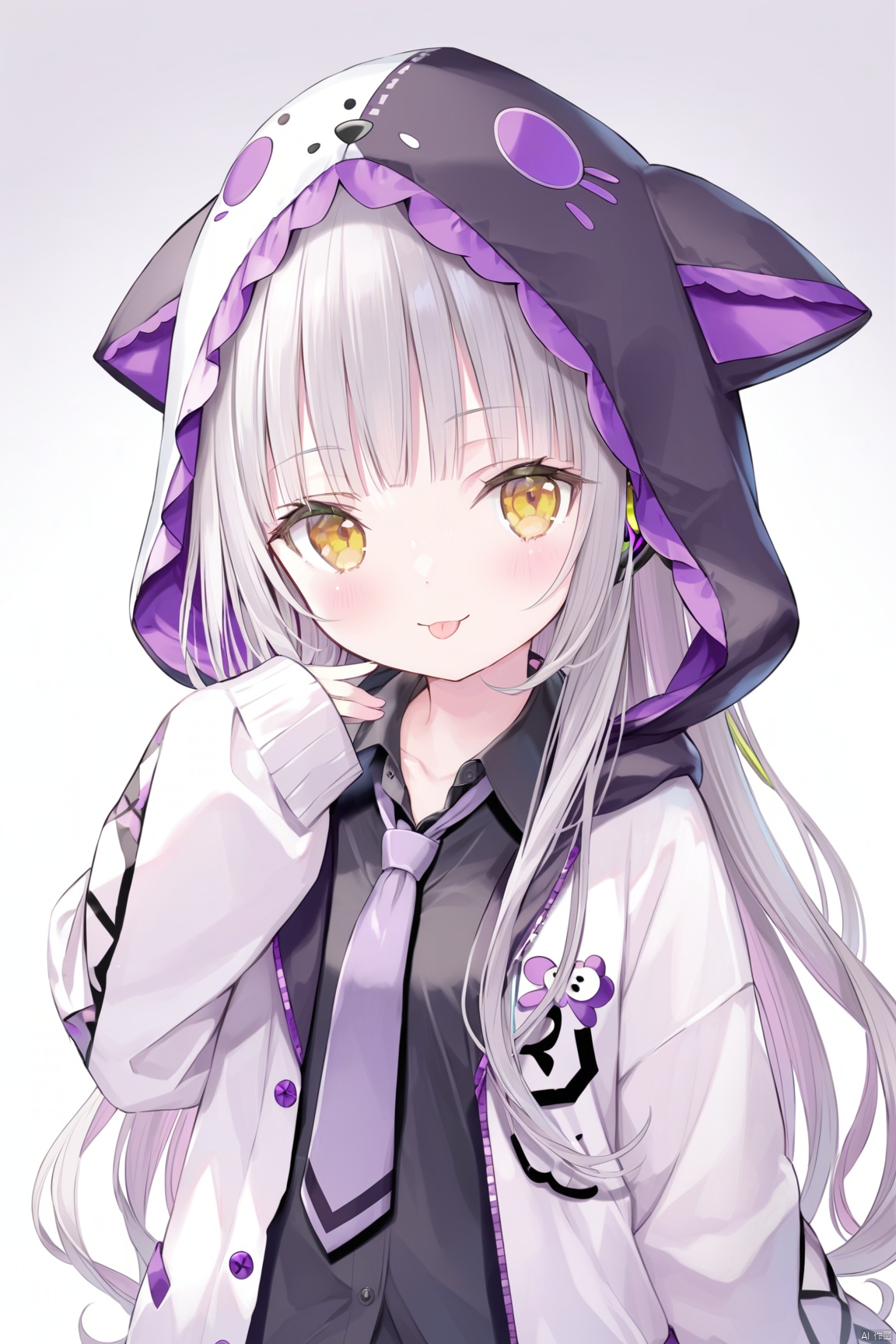 1girl, solo, long hair, looking at viewer, blush, smile, bangs, shirt, long sleeves, jacket, yellow eyes, upper body, grey hair, open clothes, necktie, tongue, collared shirt, virtual youtuber, hood, tongue out, blunt bangs, sleeves past wrists, black shirt, headphones, :p, hood up, animal hood, purple necktie, murasaki shion,loli, tinkle